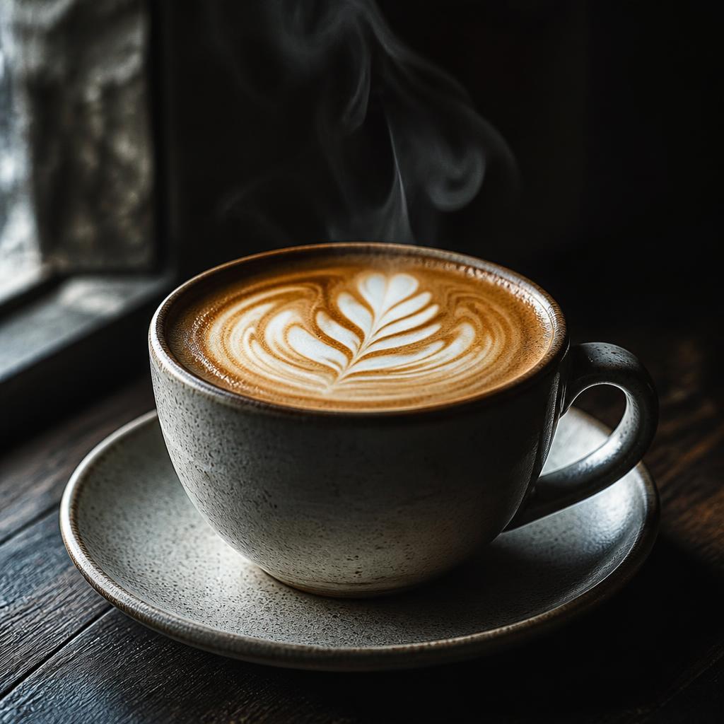 Moody black and white product shot of a cappuccino with rosetta latte art and steam
