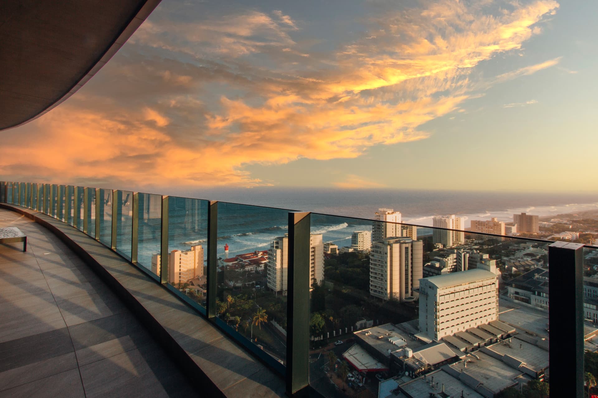 Ocean1 penthouse balcony with sunset views over Umhlanga beachfront