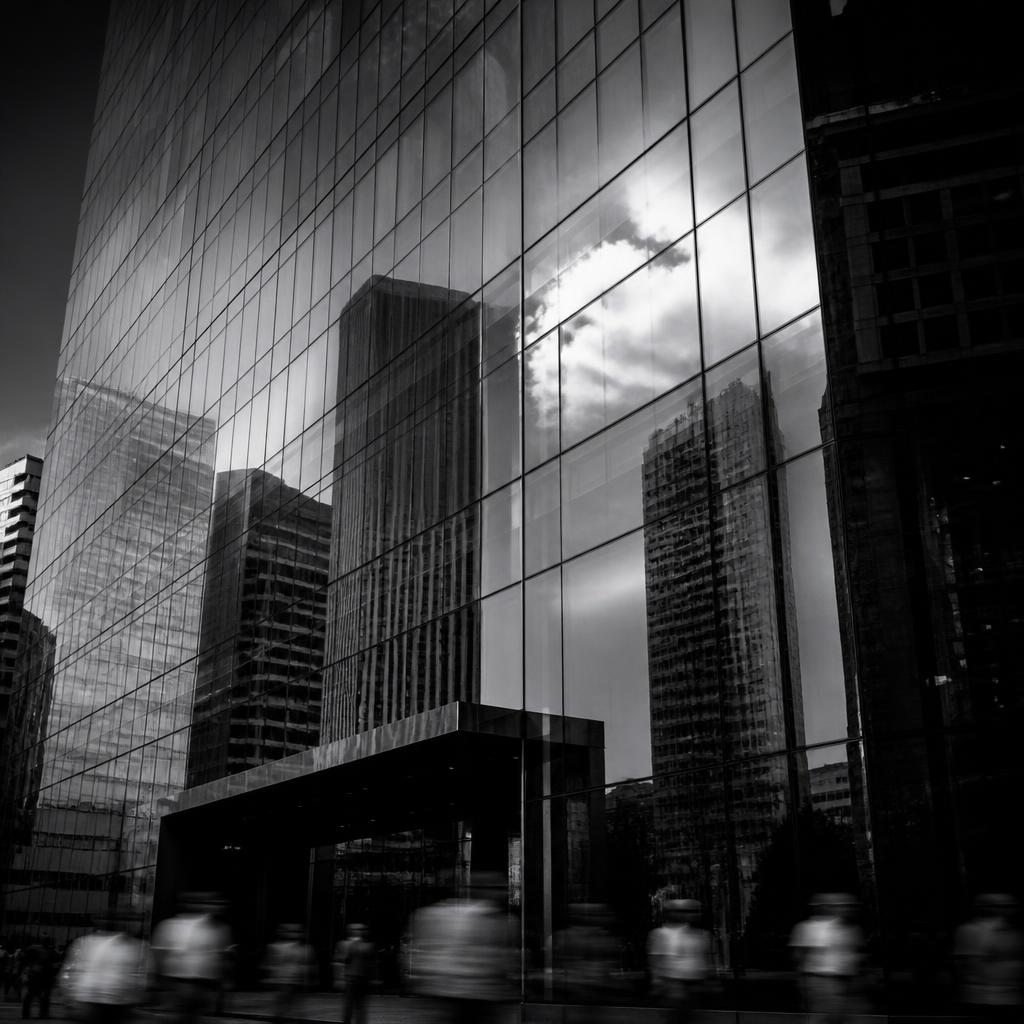 Moody black and white Johannesburg glass skyscraper with cloud reflections and blurred pedestrians