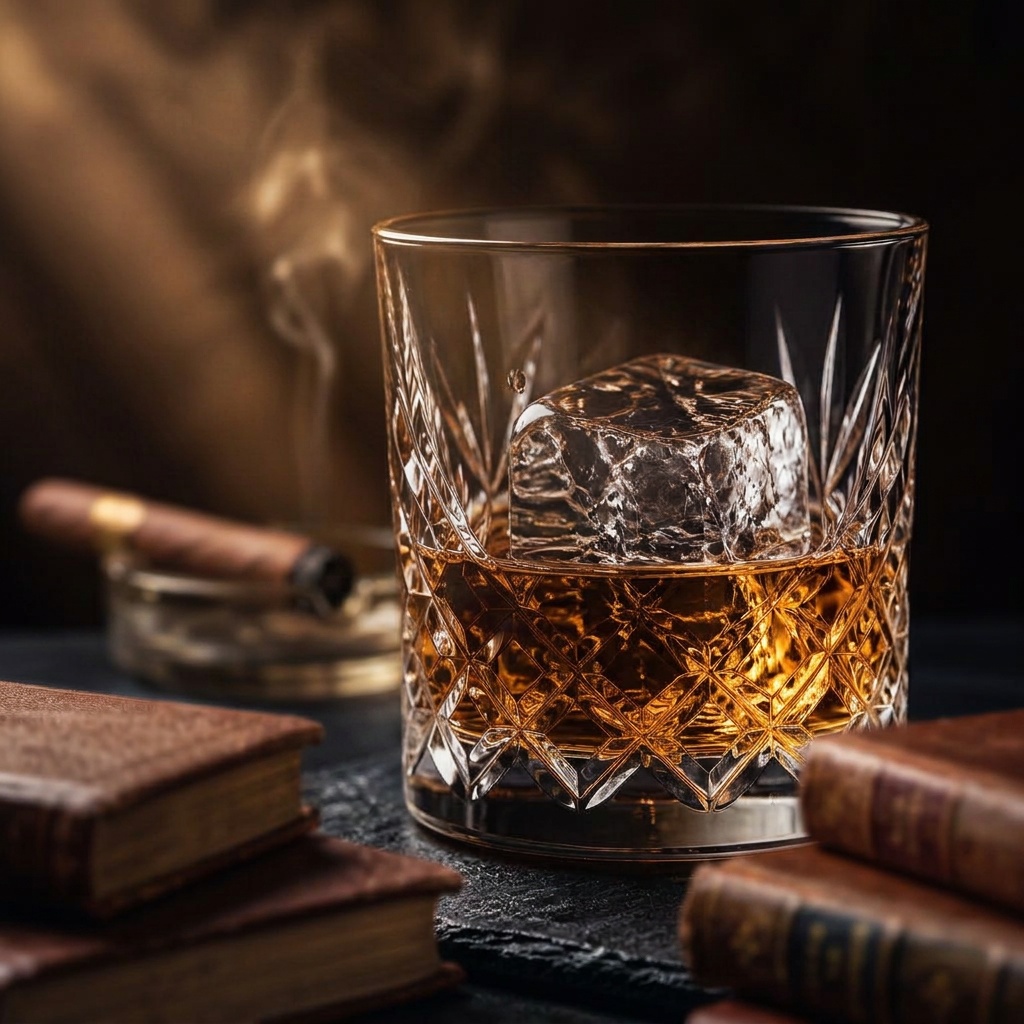 Moody full-color product shot of a crystal whisky glass with ice, warm amber tones, out-of-focus books in foreground and a cigar in background