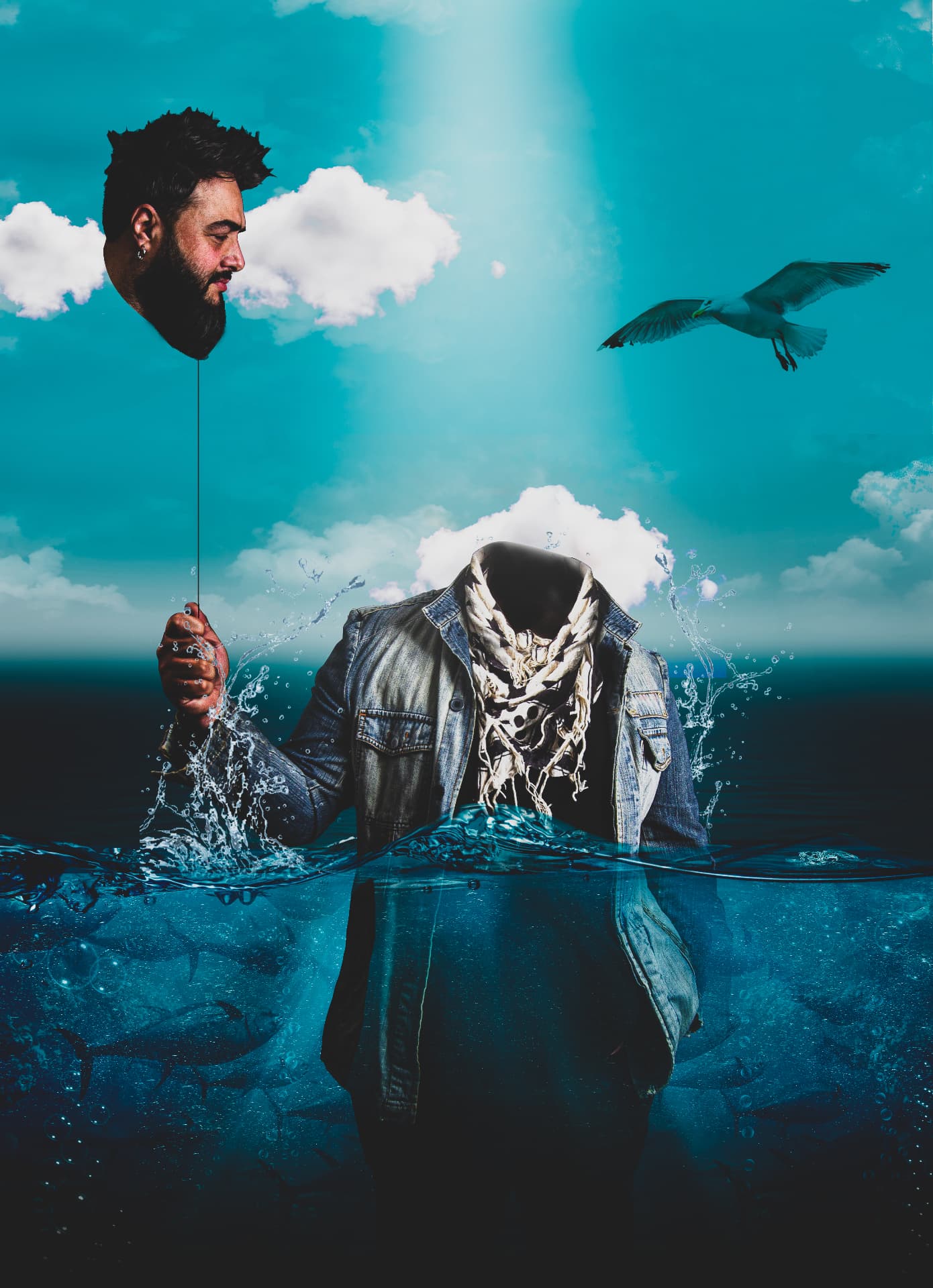 Surreal composite of a man in the ocean holding his own head as a balloon