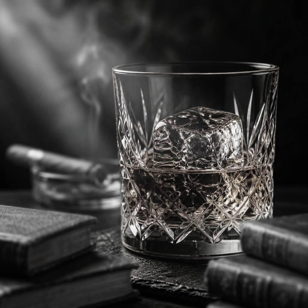 Moody black and white product shot of a crystal whisky glass with ice on dark slate