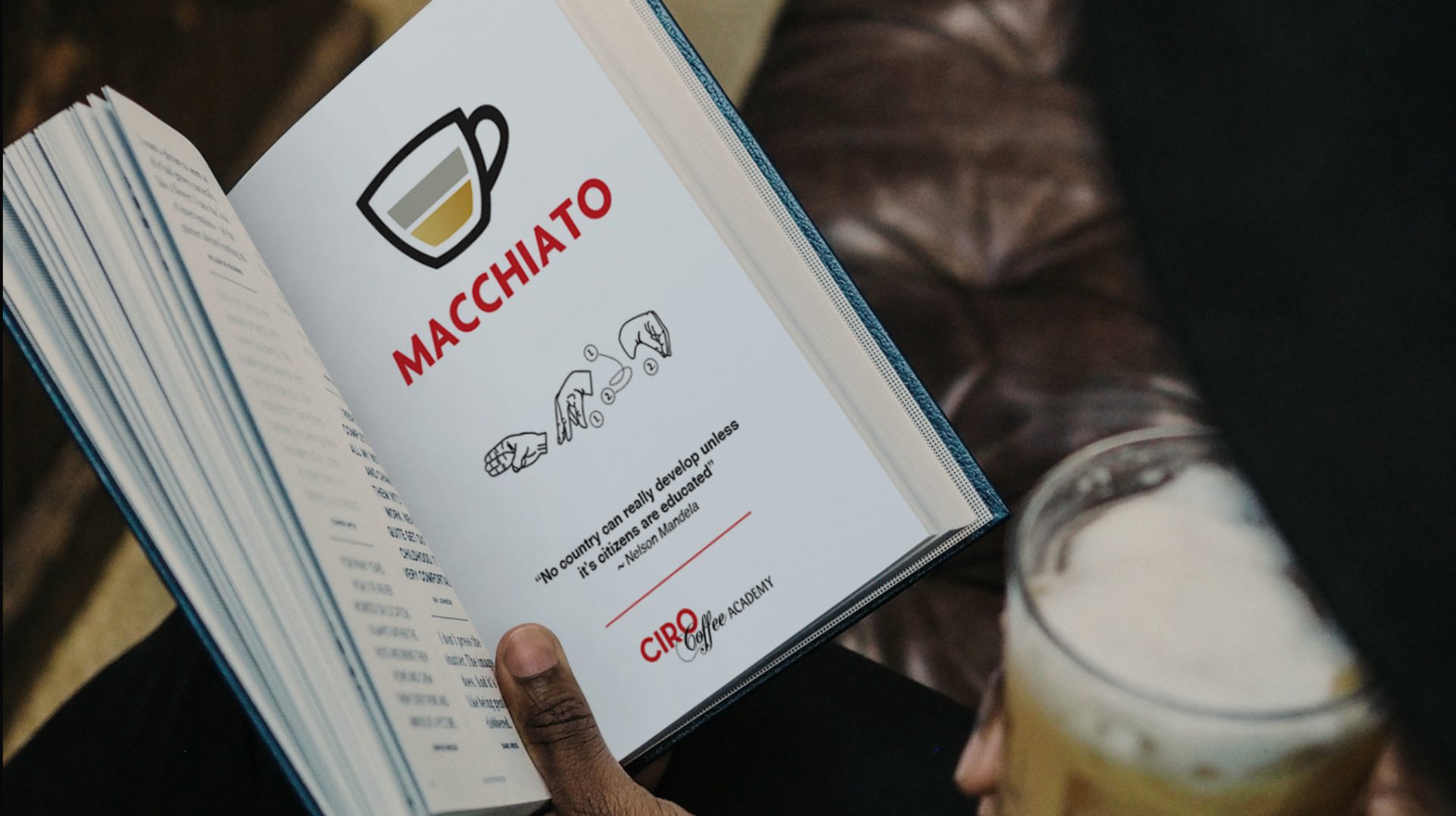 Macchiato coffee brand book showing sign language illustrations for ordering coffee